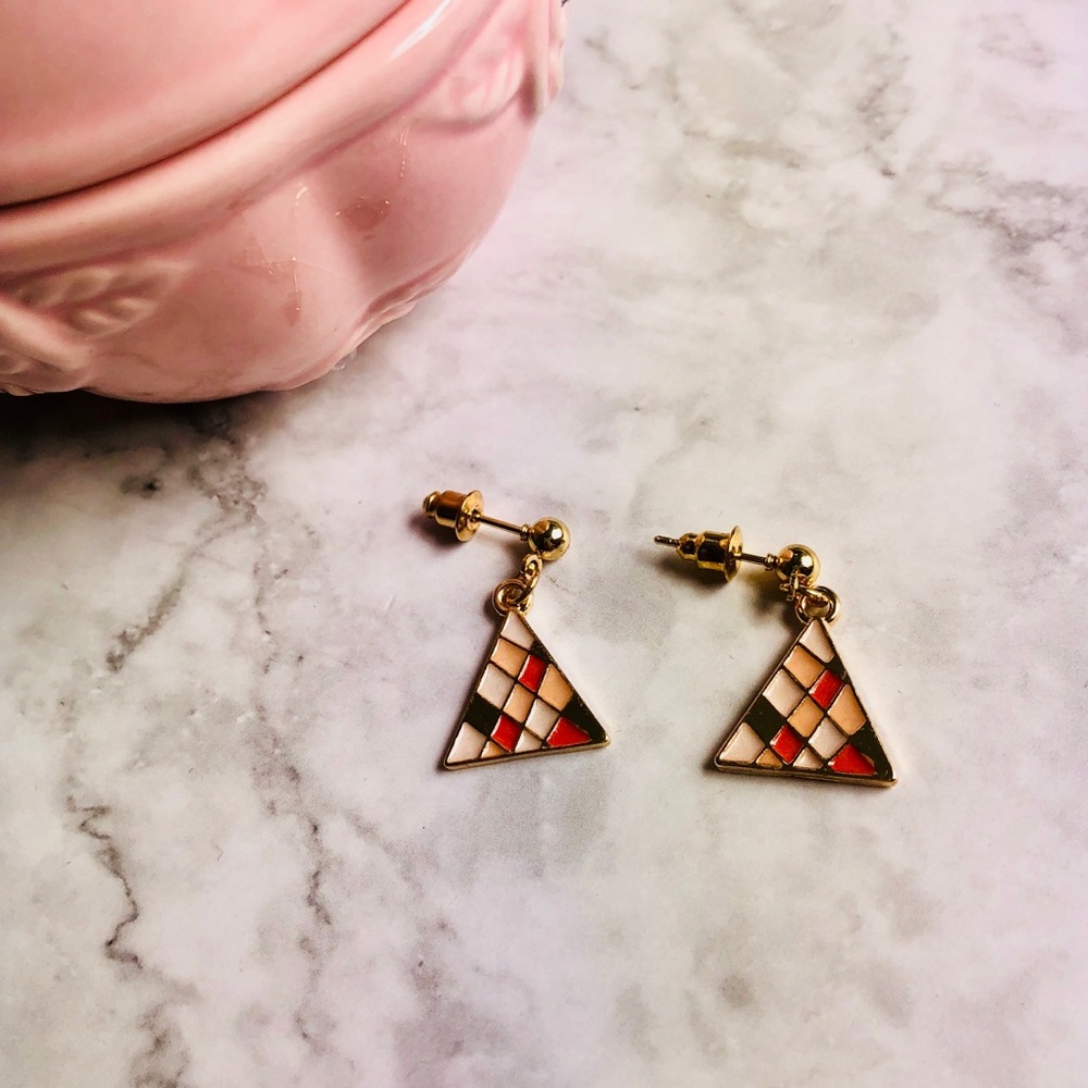 New! Triangle Geometric Pattern Gold Earrings Red.